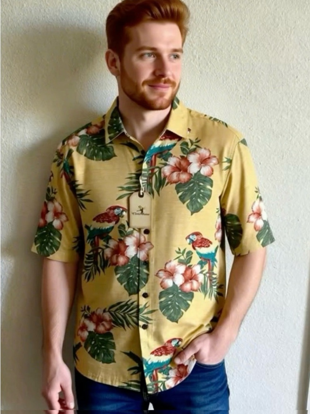 Caribbean Yellow Tropical Floral & Parrot Button-Down Shirt